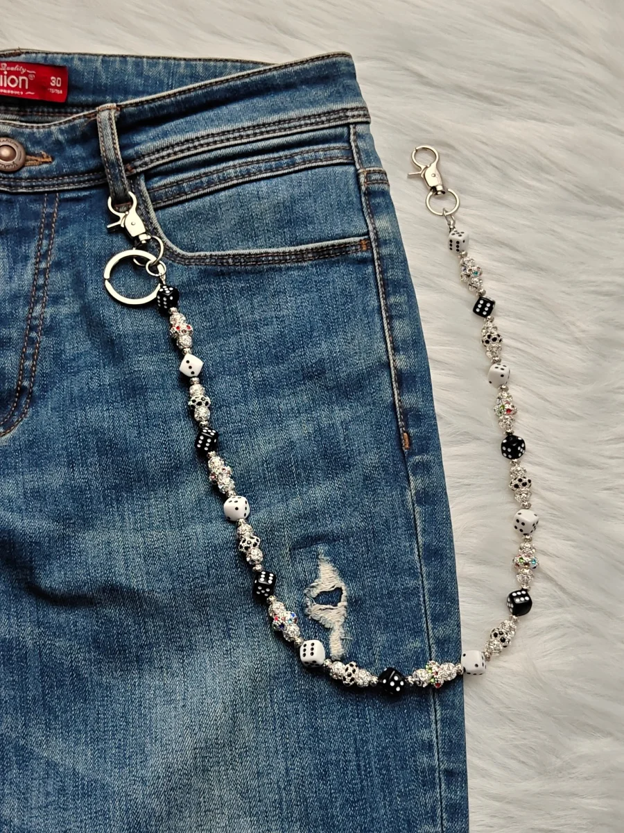 Y2K Punk Dice Beaded Pants Chain, Black White Dice Rhinestone Jean Waist Chain, Tassel Unisex Wallet Chain Bag Charm