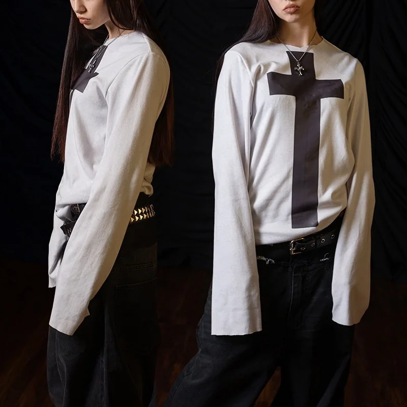 

Harajuku Aesthetics Готическая футболка с длинными рукавами и принтом креста в стиле панк для девочек, сексуальный и уникальный повседневный топ с принтом Y2K, женский уличный топ