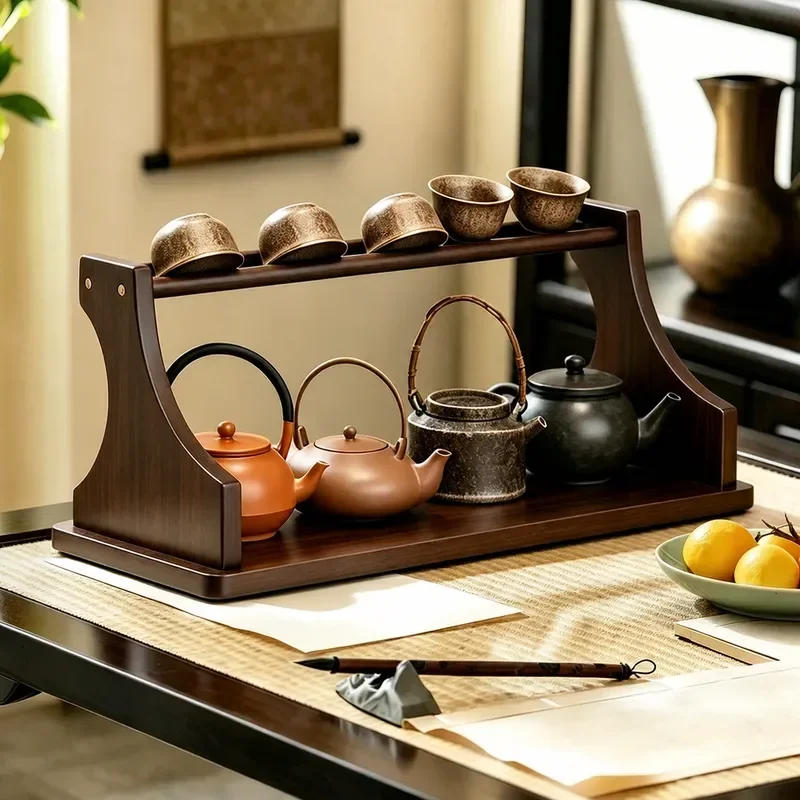 Desktop Cup Holder Chinese Bogu Rack Tea Set Storage Shelf Small Countertop Organizer for Teapot Display and Placement