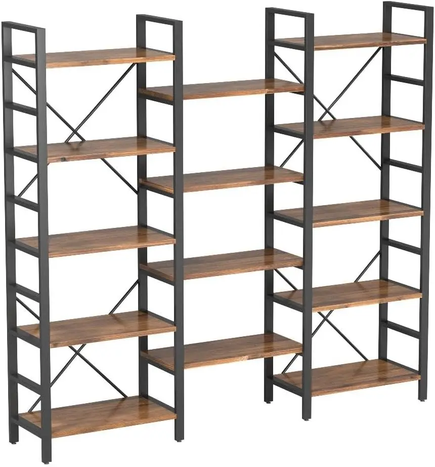 Triplo largo 5-Shelf Estante, grande aberto Vintage Estilo Industrial Prateleiras, madeira e Metal Estantes Móveis