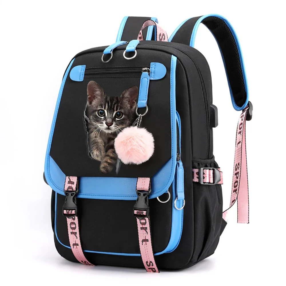 Anime Cartoon School Backpack Bags Students School Book Bag Funny Cat Print Shoulder Bags Usb Travel Bags for Girls Teenagers