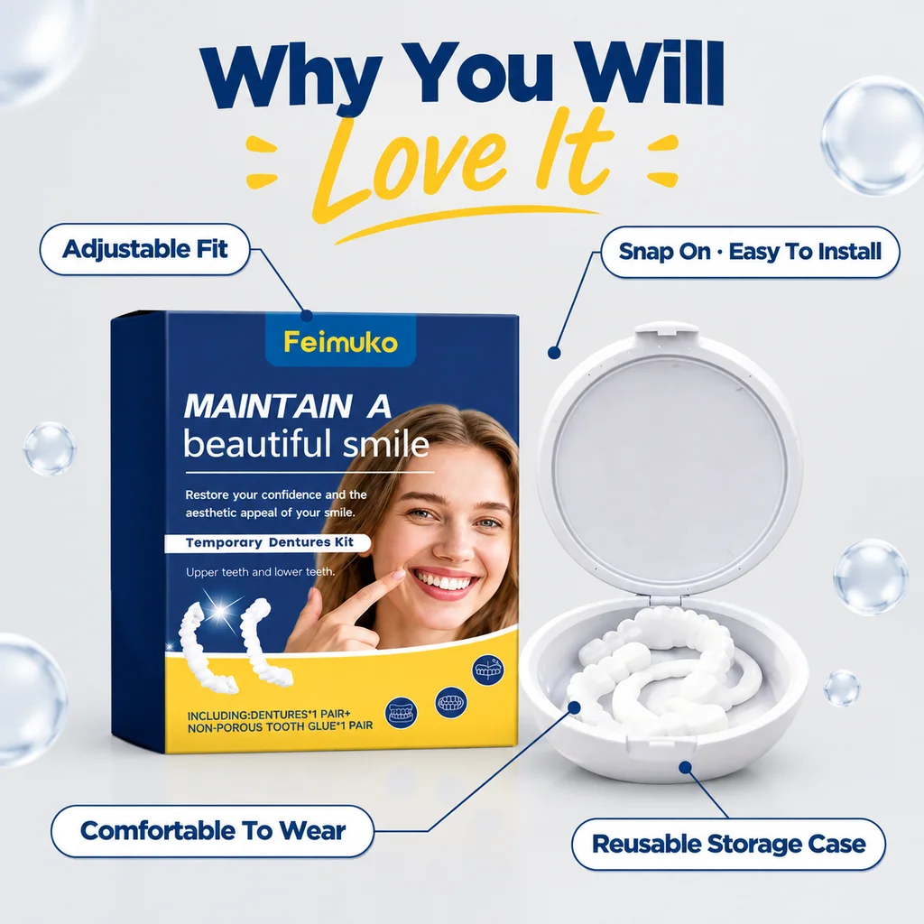 Feimuko Adjustable Dentures Set Snap On Temporary Denture Set For Cosmetic Smile Makeover For Daily Occasions Portable Braces
