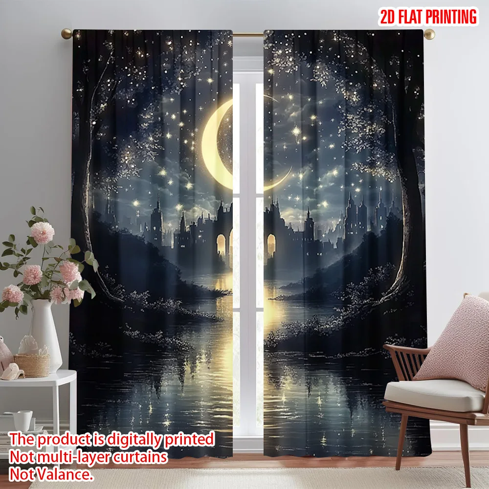 

2pc,2D plane printing Curtains&Window Treatment Starry Night Sky Durable 100% Polyester Fabric (without rod) Festive for Living