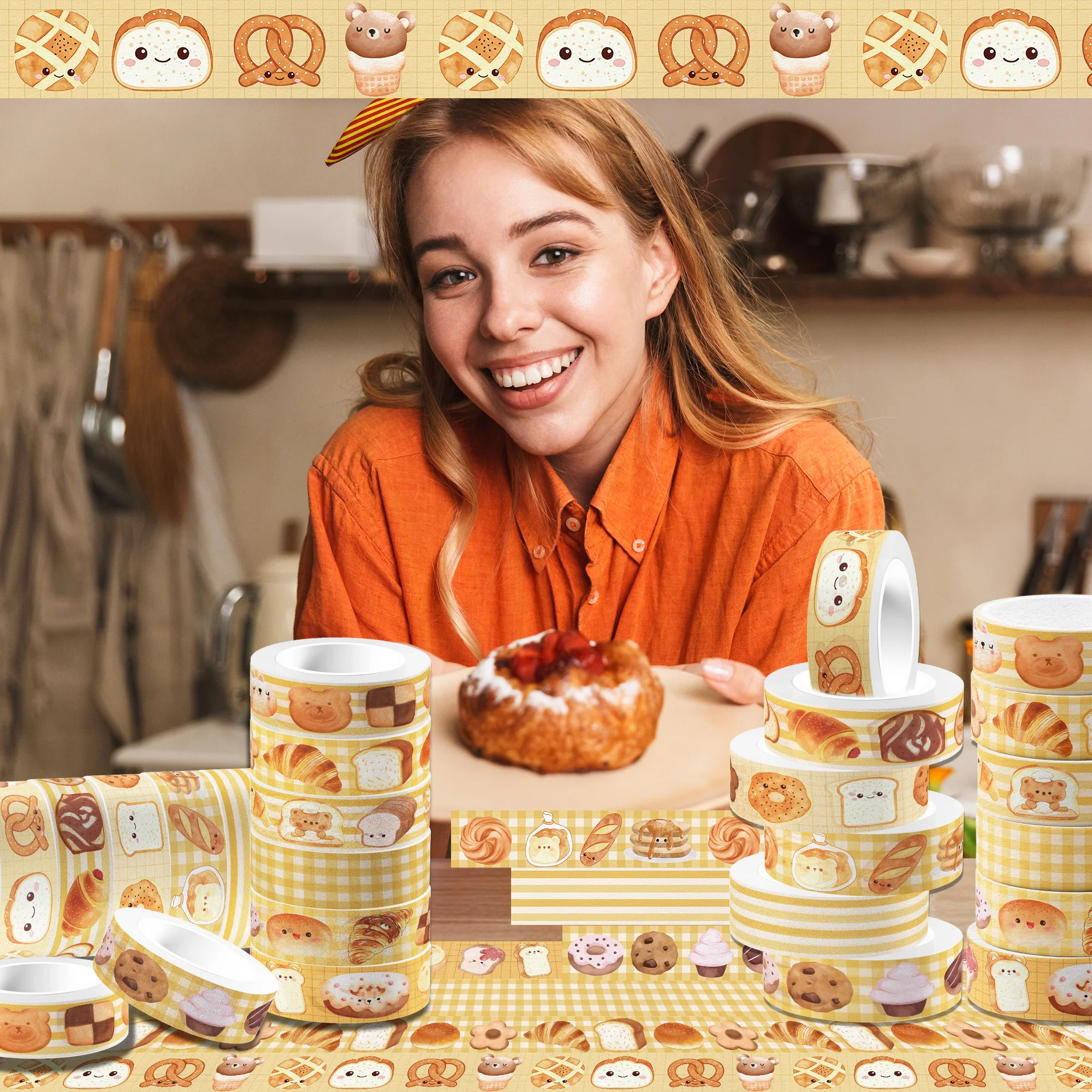 12 Rolls Bear Bread Pattern Washi Tape Set,Decorative Paper Stickers,Craft Tape for Scrapbooking Decoration Party Supplies - view 6