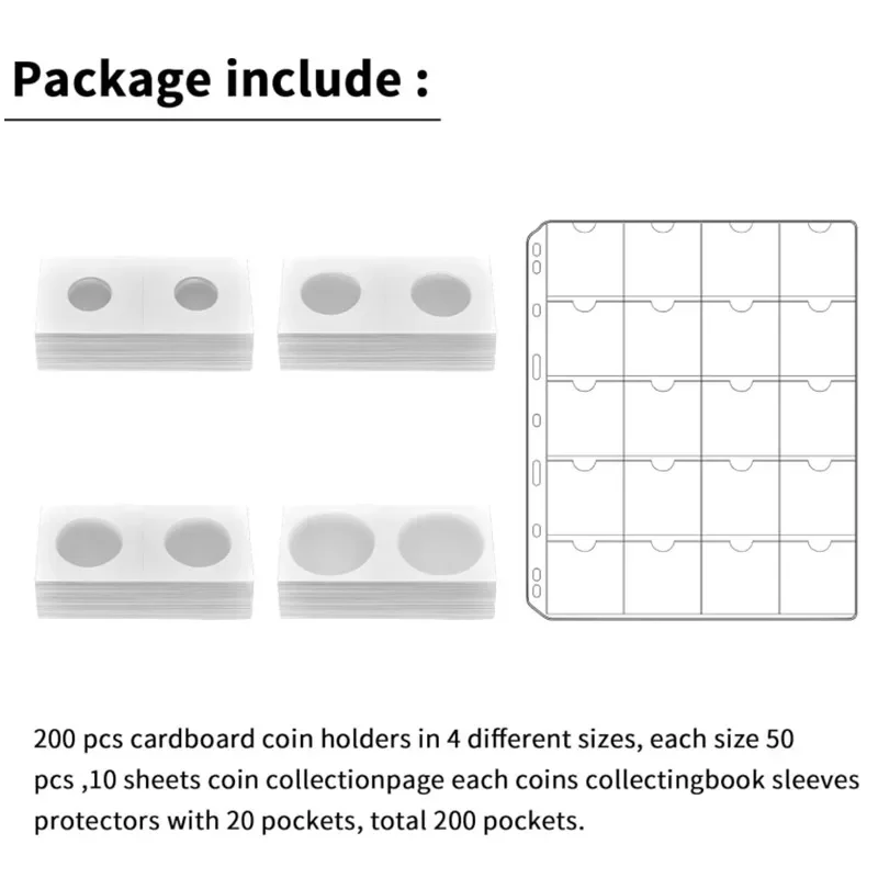 10 Sheets Coin Pocket Pages Coin Holder for Collectors 200 Pockets and 4 Size Coin Collection with A Size of 20.5/27.5/31.5/40mm