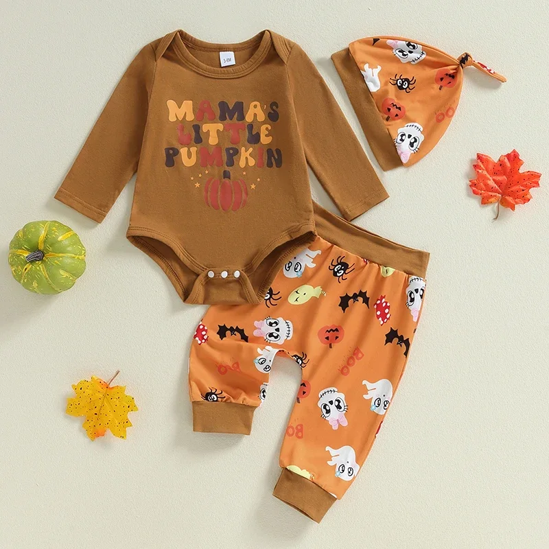 

Newborn Baby Boys Halloween Outfits Letter Print Crew Neck Long Sleeve Rompers Pants Hat Infant Little Pumpkin Clothes Set