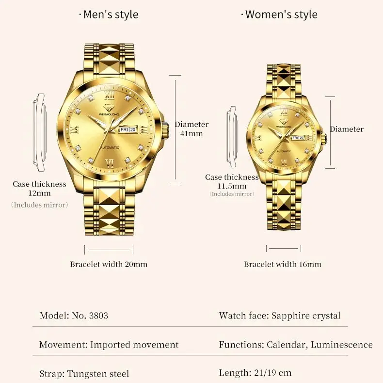 WEIBAOLONG 3803 ساعة الزوجين الماس الحقيقي المستوردة التلقائي ساعات الحركة الميكانيكية للرجال النساء تاريخ السيارات مقاوم للماء