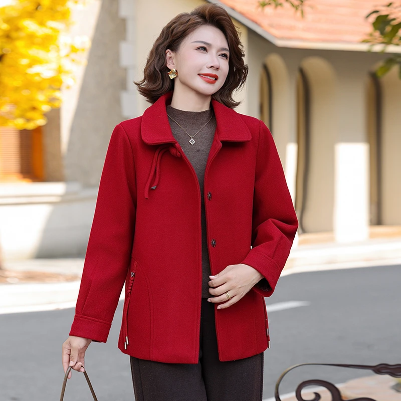 

Double-Faced Woolen Coat for Women over 50 Faionable Loose Fit Mid-Length Jaet for Wedding Banquet Spring Autumn Wear
