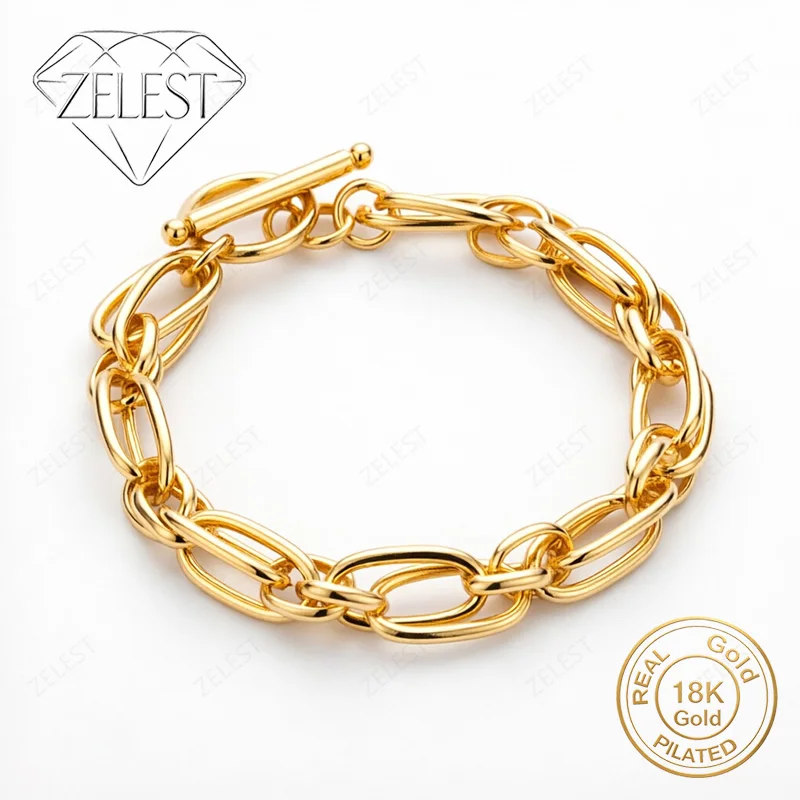 925 Sterling Silver 18K Gold Plated 8-inch Polished Oval Chunky Chain Bracelet for Women, Wedding Party Gift Jewelry