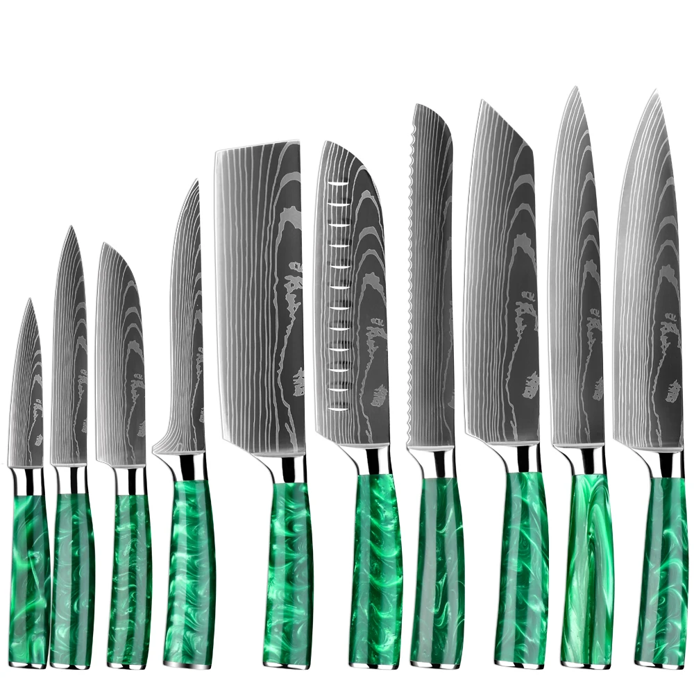 

High-quality stainless steel kitchen knife set with laser Damascus pattern, professional chef's knife with green resin handle