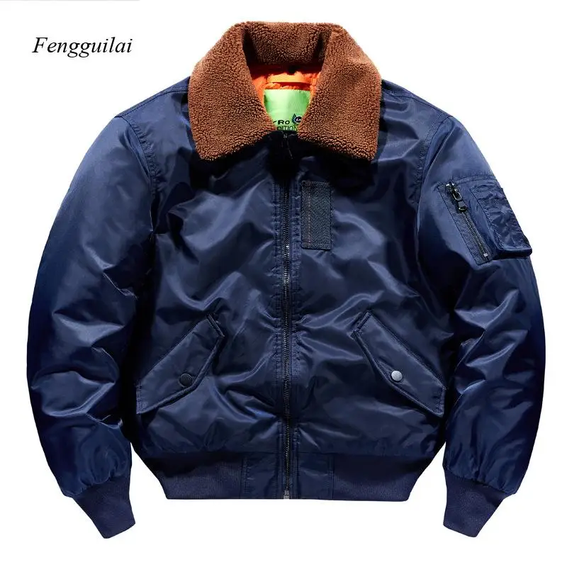 Autumn Winter Men's Bomber Jacket with Lamb Wool Collar Warm Cotton Padded Coat Retro Military Green Casual Jacket