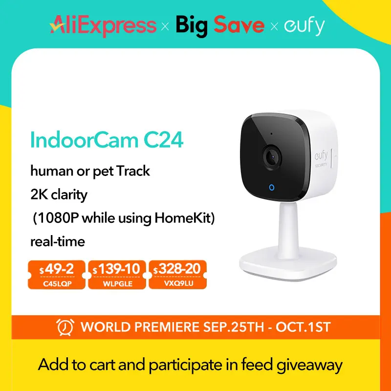 كاميرا eufy Security Solo IndoorCam C24 IP واي فاي 2K كاميرا صوتية ثنائية الاتجاه واي فاي حيوانات أليفة بشرية AI تعمل مساعدين صوت كاميرا للرؤية الليلية