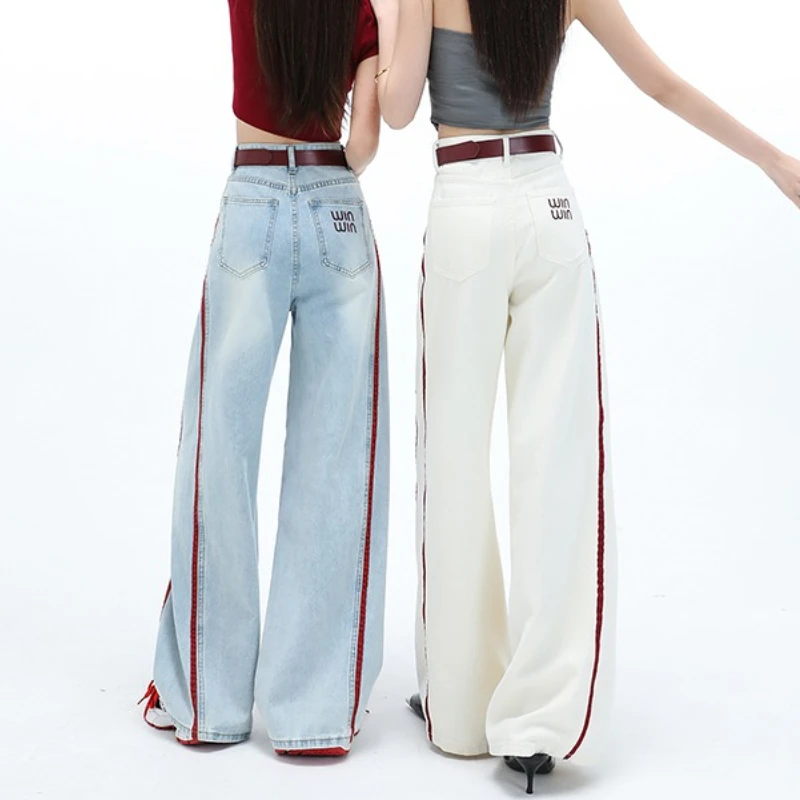 

Autumn American Style High Waist Wide Leg Loose Slimming Casual Jeans for Women with Line Design and Draped Floor-Length Pants