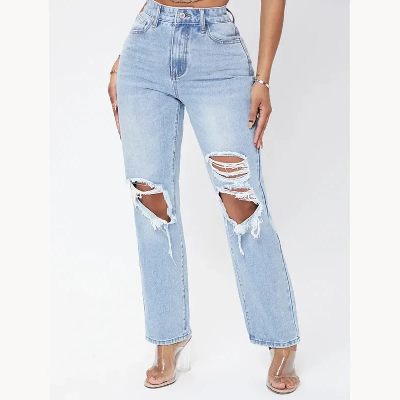 

Women Mom Jeans Pant Long Pants Hollow Out Blue Elegant High Waist Pencil Elegant Wide Leg Streetwear Y2k Denim Trousers 2024