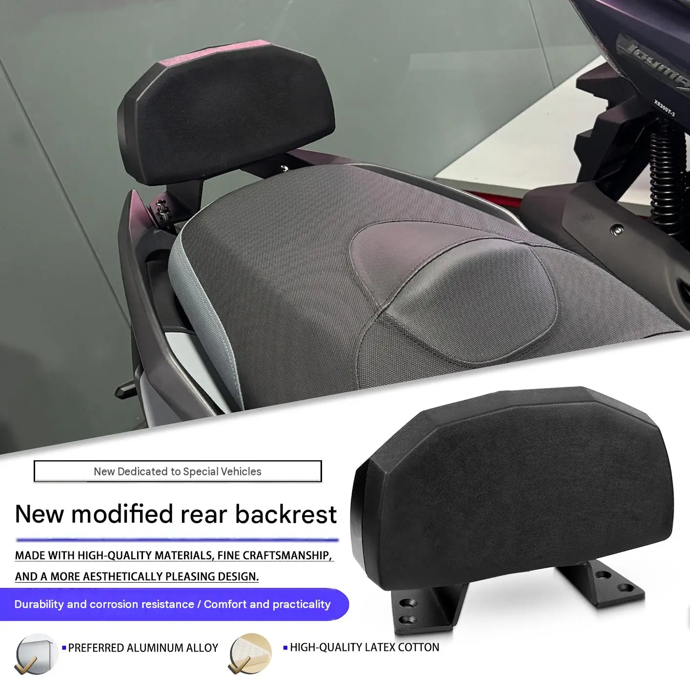 For SYM Husky ADV 300, after installing the accessory, the aluminum rear seat backrest cushion is provided.