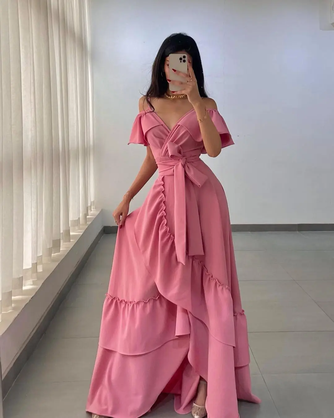 

Sweet Pink Prom Dresses For Women 2023 V-neck Sleeveless A-Line With Sash Arabia Customizable Formal Occasion Dresses Robes De