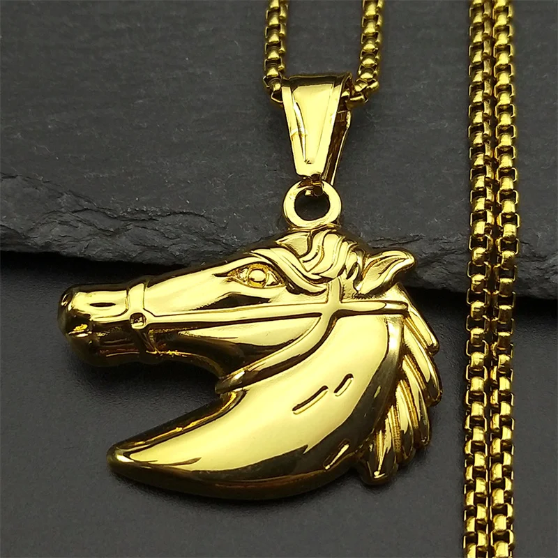 

Hiphop Horse Pony Head Pendant Necklace For Women Men Stainless Steel Gold Color Animal Punk Lover Male Chain Jewelry Gifts