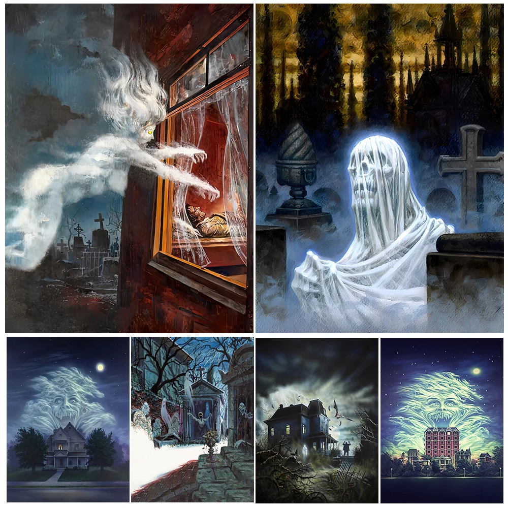 Ghosts Emerging From The Cemetery Abstract Vintage Wall Art Canvas Print The Evil Spirit In The Haunted House Art Poster Print