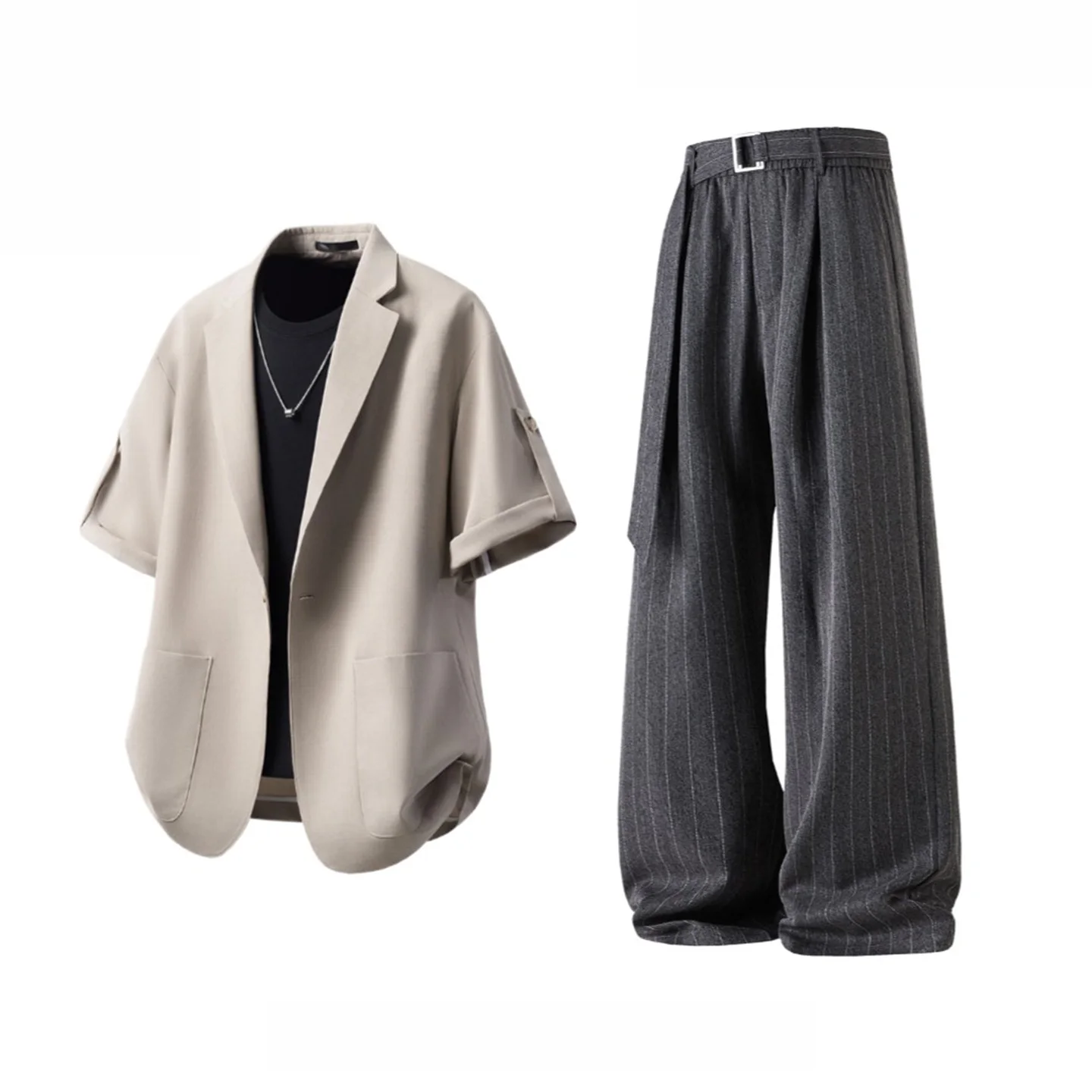 Khaki suit + dark gray trousers