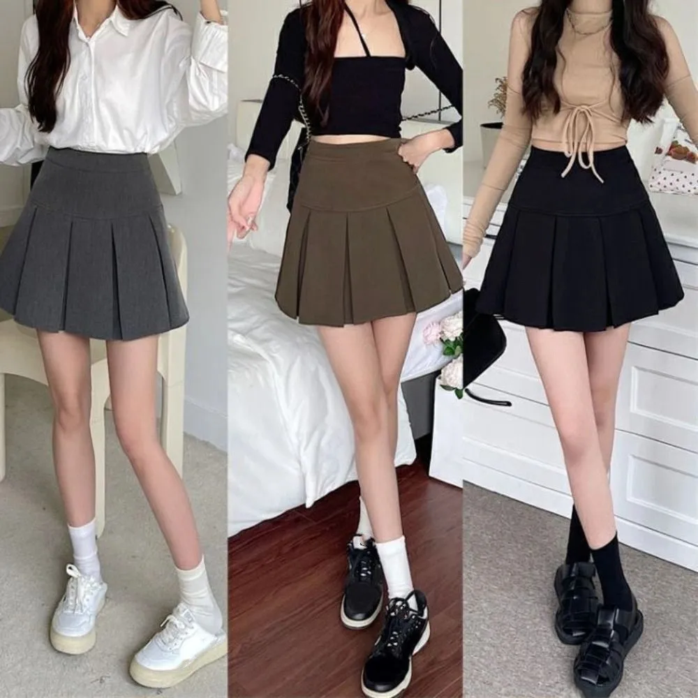

High Waist Pleated Mini Skirts Y2k Simple Solid Color A-line JK Short Skirt Short Dress Skirts with Safety Pants Streetwear