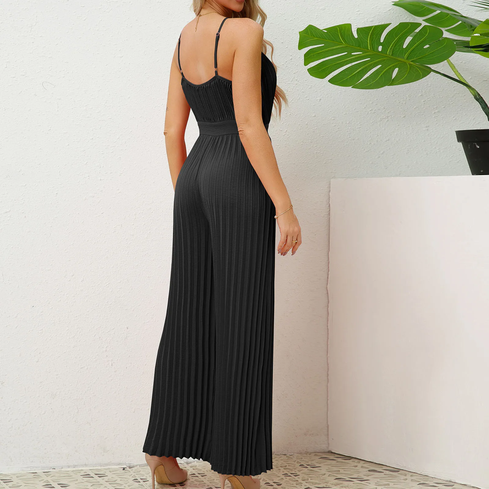 Fashion Elegant Jumpsuits Summer Solid Suspender V-Neck Jumpsuit Casual Versatile Pressure Pleated Loose Wide Leg Jumpsuits