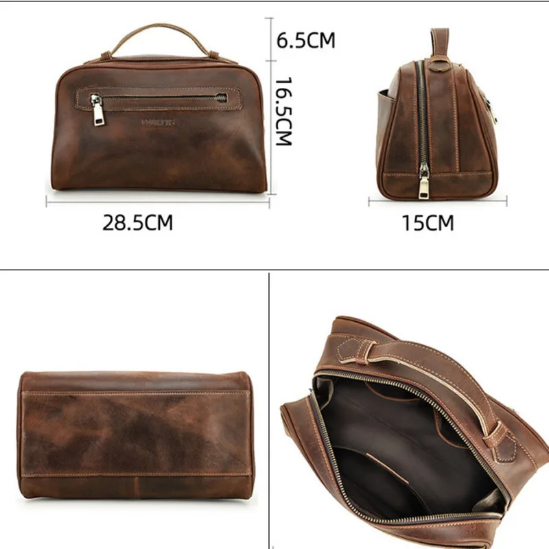 New Fashion British Style Crazy Horse Cowhide Handheld Unisex Storage Large Capacity Genuine Leather Washing Large Capacity Bags