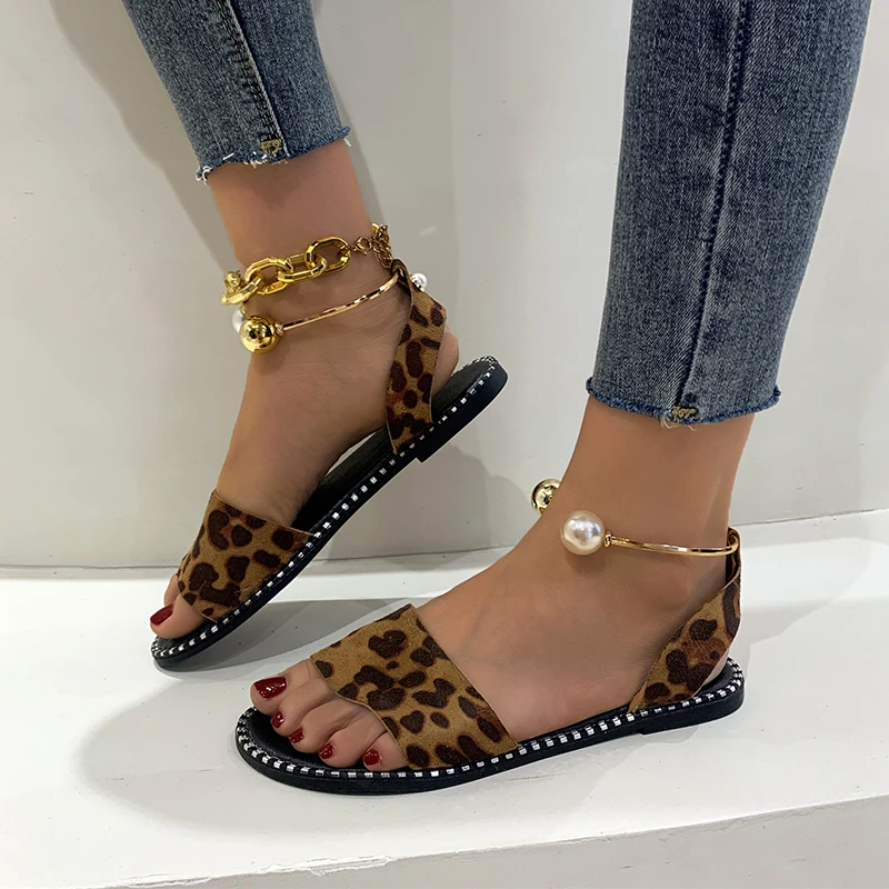 Sandals Women\'s summer leopard print peep-toe simple flat Roman sandals women\'s pearl buckle student shoes