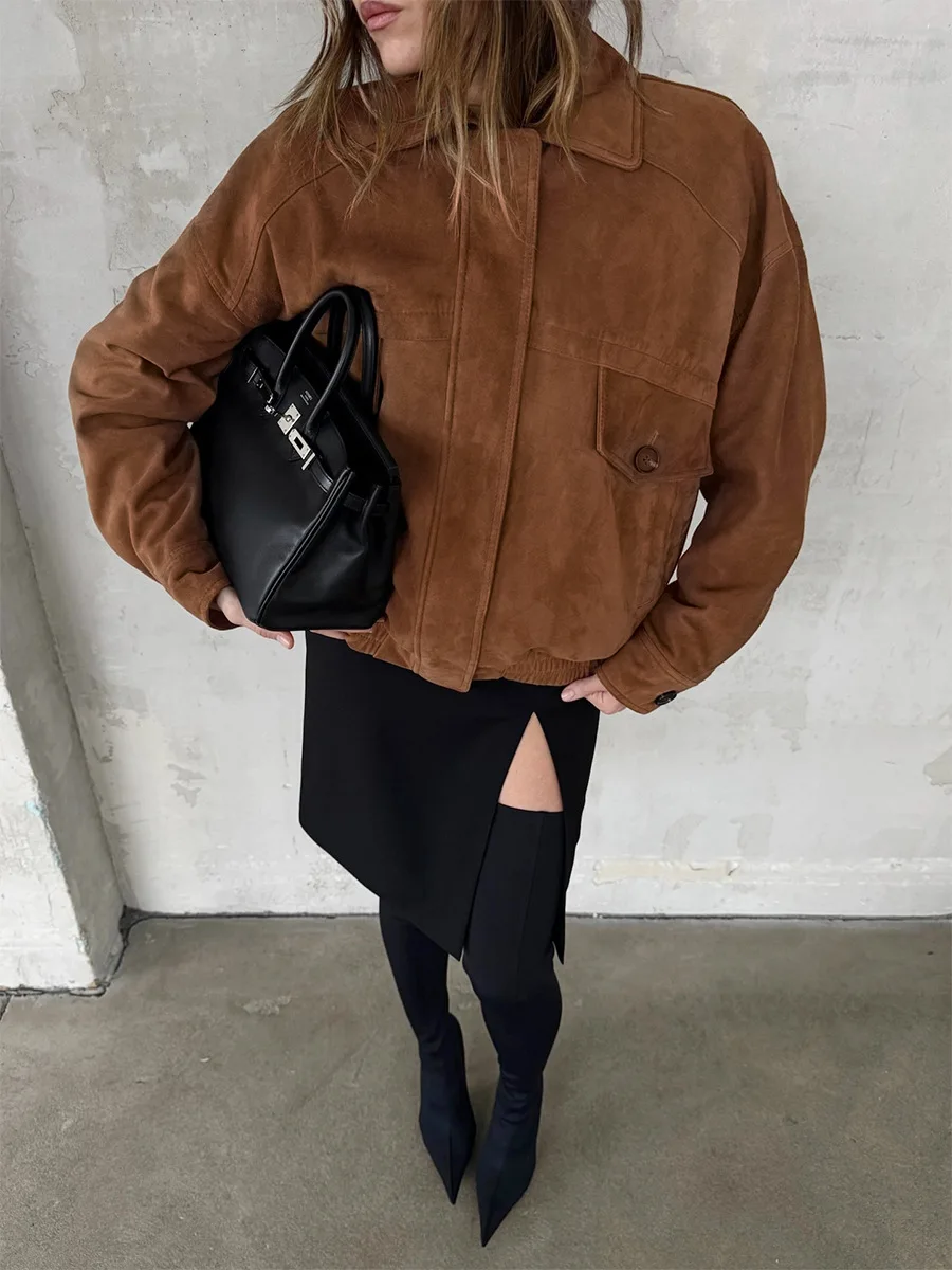 Brown Suede Like Lapel Jacket With Loose Shoulder And Elastic Hem, Retro Casual Fashion Jacket Forspring And Autumn Daily Wear
