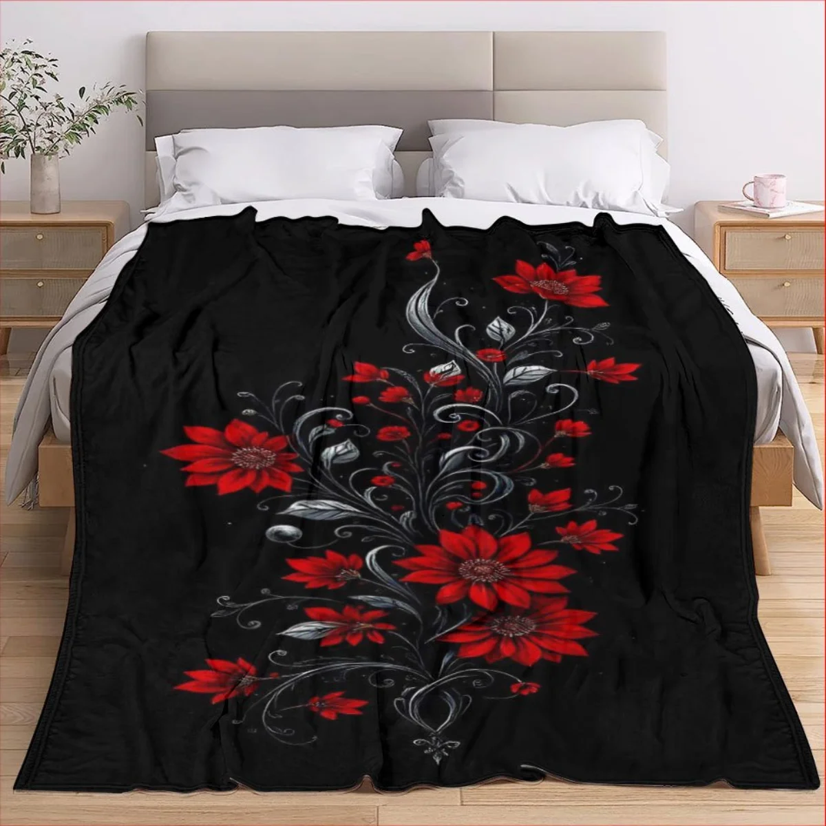 بطانية فانيلا حمراء منقوشة بالزهور - ناعمة ودافئة، مناسبة للأرائك والأسرة والكراسي والتخييم وكهدية المهرجانات #3