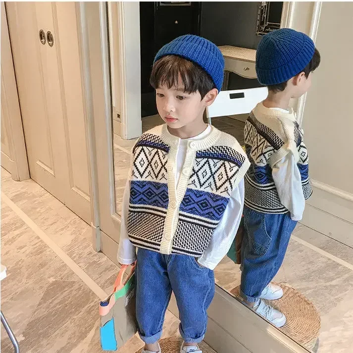 

1-10Y Children Single-breasted Vests Sweaters Cotton Vest boy Sleeveless Sweaters Kids Boys O-Neck Pullover Knitting Vest Coat