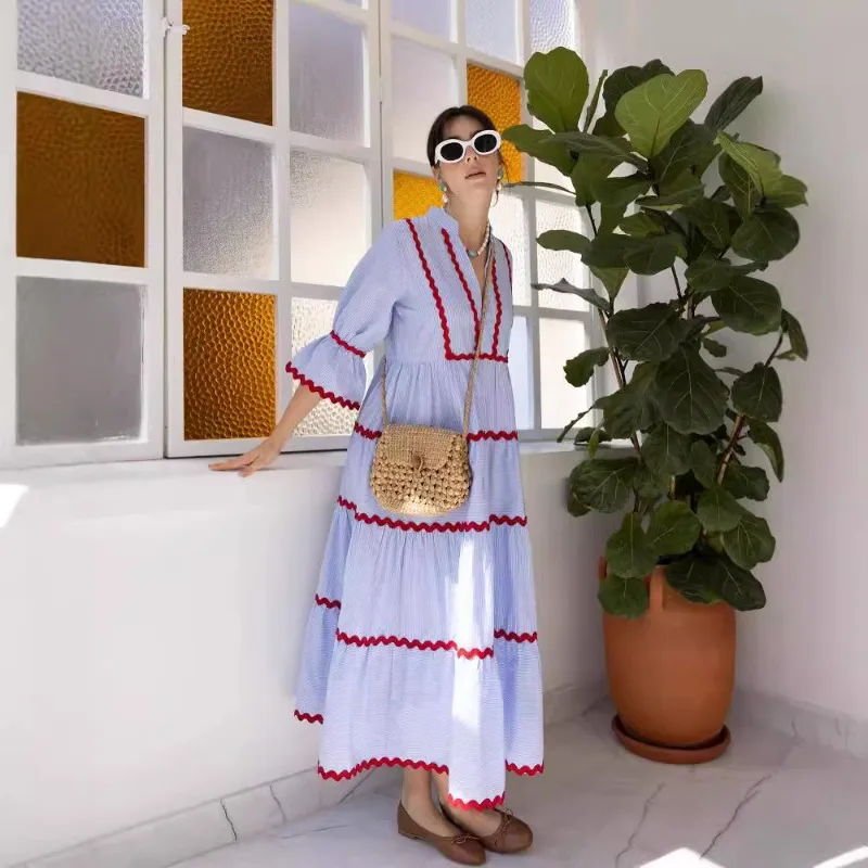 Sommer Frauen Lose Böhmischen Strand Kleid Elegante V-ausschnitt Geraffte Flowy Plissee Urlaub Urlaub Boho A-linie Langes Kleid