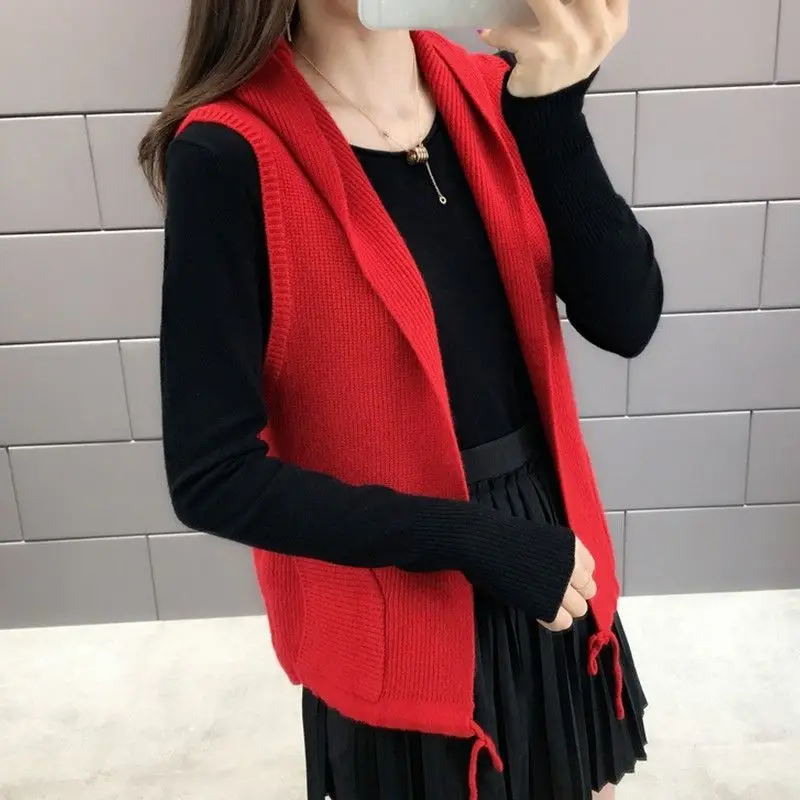 Clothes for Women Autumn Simple Casual Drawstring Hooded Knitted Sweater Vest Solid Loose Sleeveless Pockets Cardigan Waistcoat