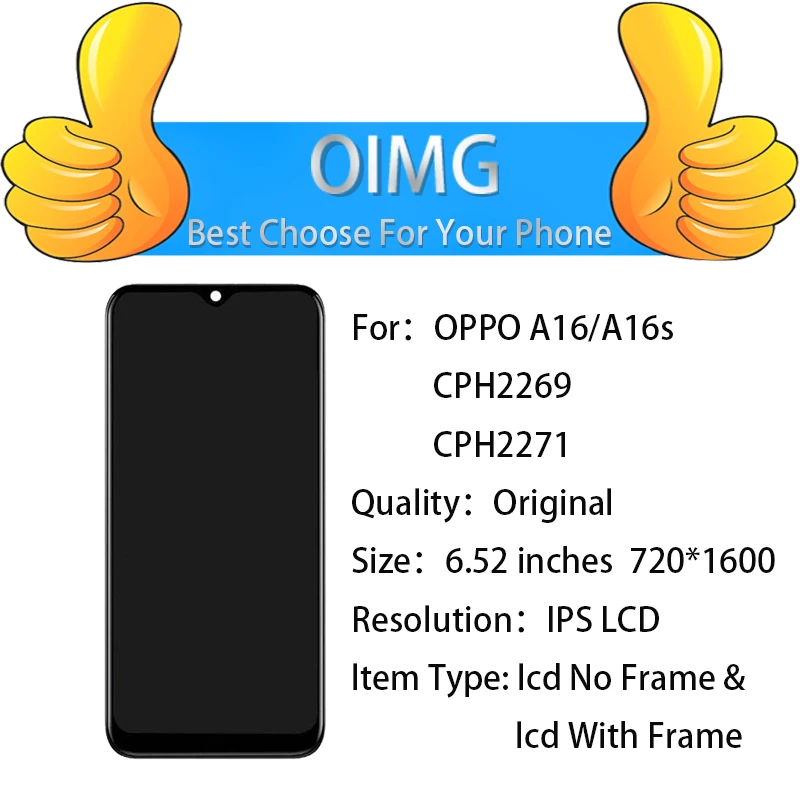 Pantalla LCD Original de 6,52 pulgadas para Oppo A16, A16s, CPH2269, CPH2271, con marco, pantalla táctil, montaje de digitalizador de repuesto