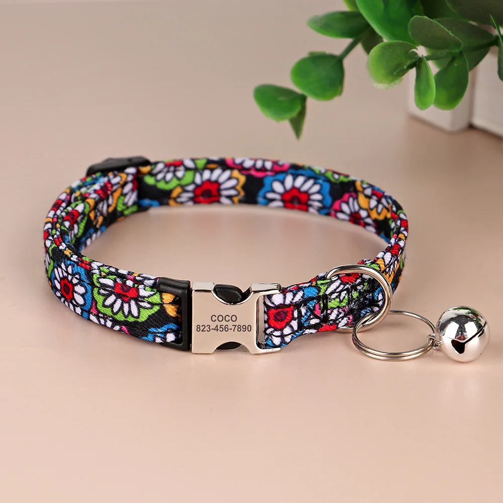 Print Custom Cat Collar Personalized Kitten Cats Collars With Bell Free Engraving Buckle Necklace Adjustable for Cats Small Dogs