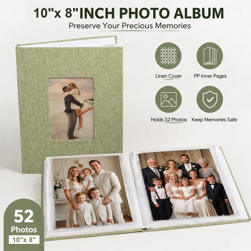 Linen Fabric Photo Album Book, Insert Type with Front Display Window, Holds 52 Pcs 10-inch Photos, Ideal for Room Decor, Wedding