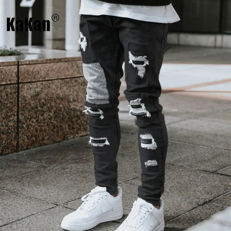 Kakan-y2k nouveaux vêtements pour hommes usés petites jambes élastiques, bottes de motoryclist minces et belles jeans longs jeans, jeans homme marque