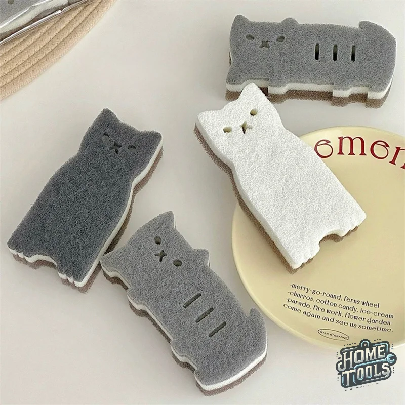 

4pcs Sponge Dish Scrubbers Cute Cleaning Sponges Cat Double Sided Scouring Pads Rust Cleaning Tool Washing Dishes Kitchen Tool
