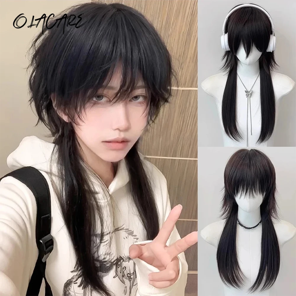 OLACARE Synthetic Short Head Wigs with Bangs Synthetic Straight Anime Men Black Gray Green Hair Wig for Daily Party Cosplay