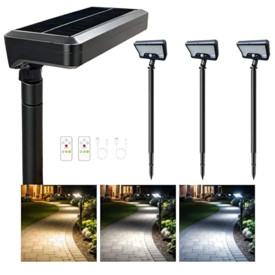 Solar Motion Sensor Pathway Lights - Warm and Daylight Selectable Path Light 3 Modes, IP65 Waterproof Black LED Garden Lighting