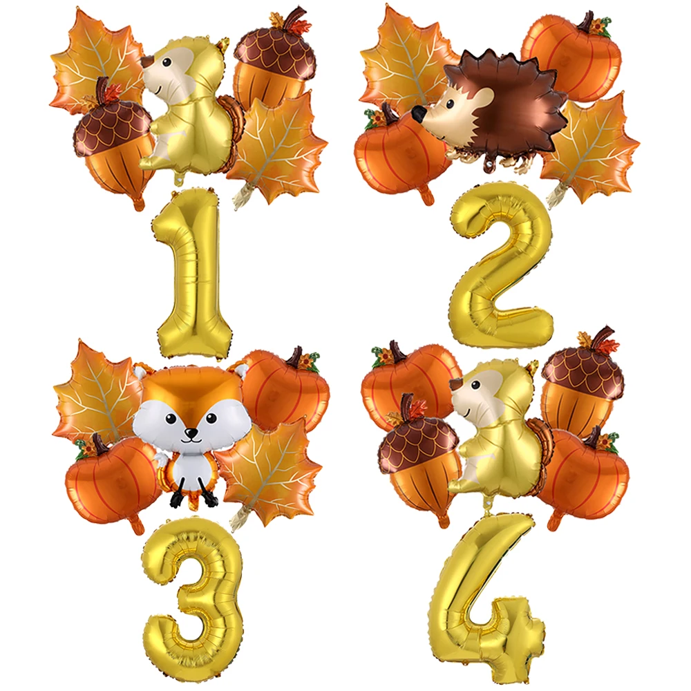 6Pcs Autumn Forest Animals Kids Birthday Party Decoration Squirrel Pine Cone Foil Balloon With 0-9 Number Ball Thanksgiving Gift