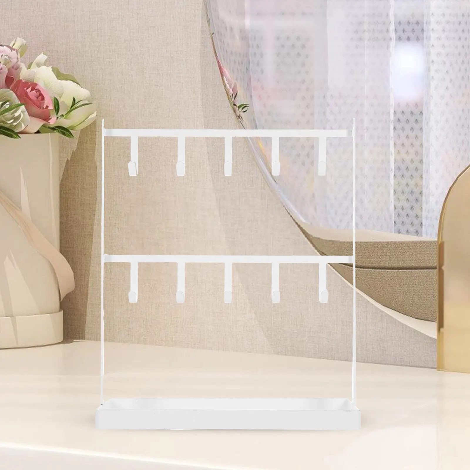 

Jewelry Organizer Necklace Hanger 2 Tier Metal Frame Wood Base Desk Display Holder Rings Earrings Watches Ornaments Organizer