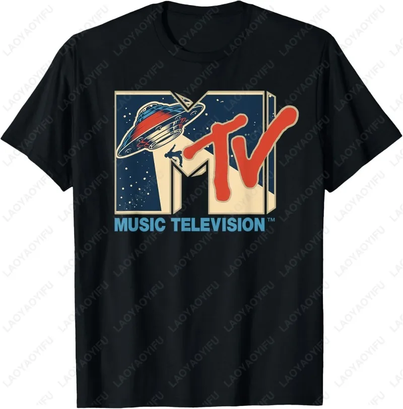 Mademark X MTV Logo Alien UFO nave espacial haz de televisión en el espacio Camiseta de algodón para adultos Fuuny gráfico estilo Simple camisetas con cuello redondo