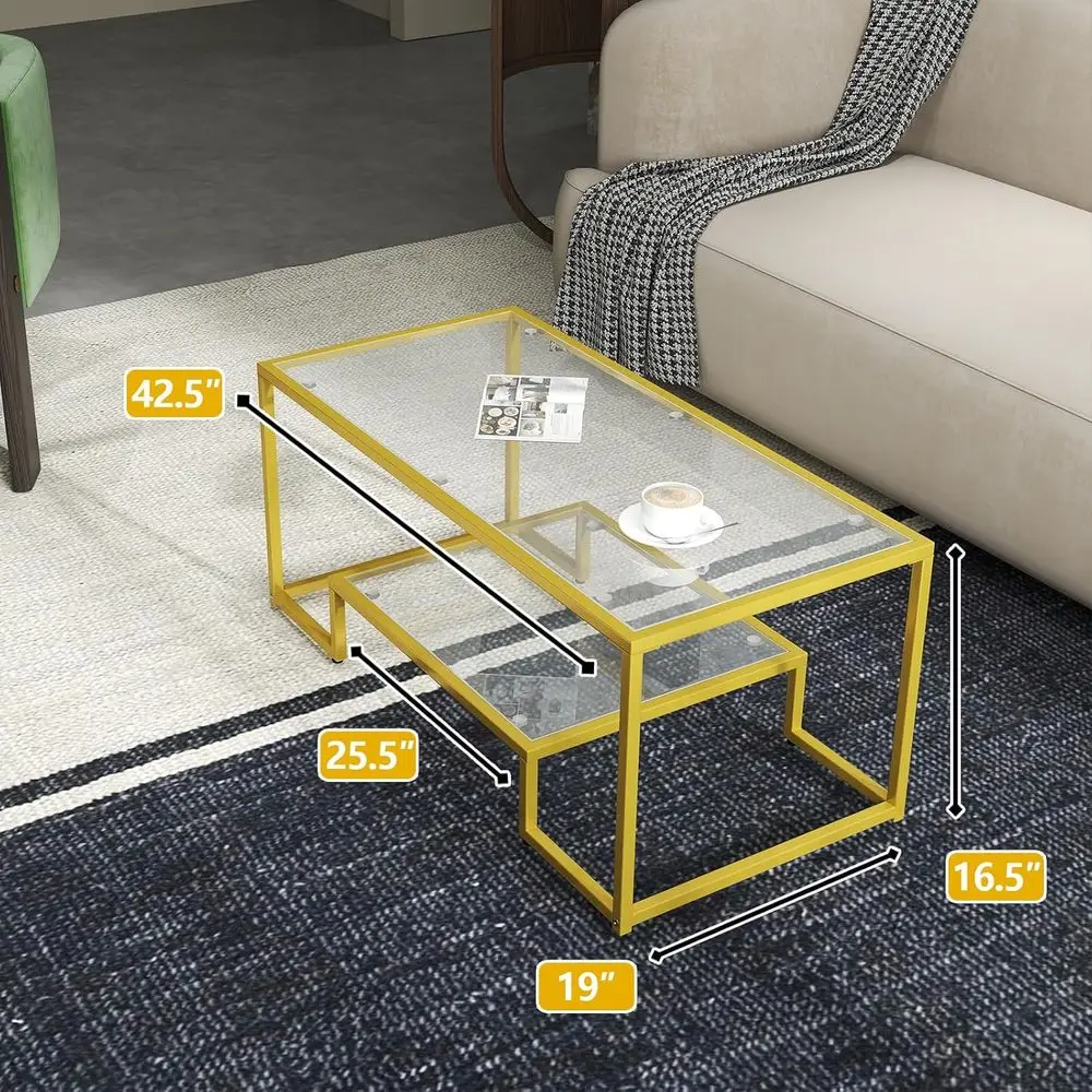 Gold Metal Frame 2-Tier Rectangular Glass Coffee Table for Small Spaces, Suitable for Living Room and Office
