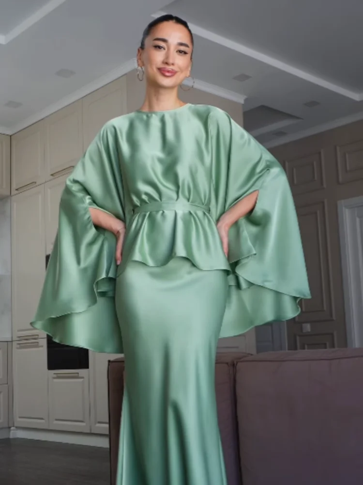 Conjunto de 2 peças em cetim para mulheres, conjunto Abaya com manga morcego, top peplum e saia longa sereia, elegante e modesto para festas noturnas.