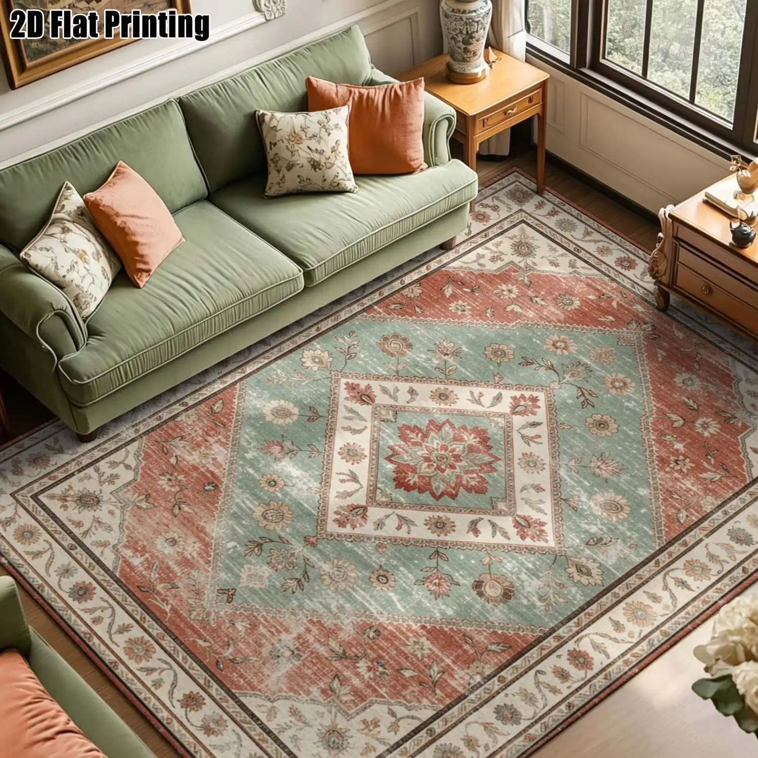 1Pc 2D Printed Retro Red-Blue Floral Geometric Carpet: Vintage, European/Bohemian Style, Multi-Size, Machine Washable, Ideal for Home Decor and Multi-Scene Use