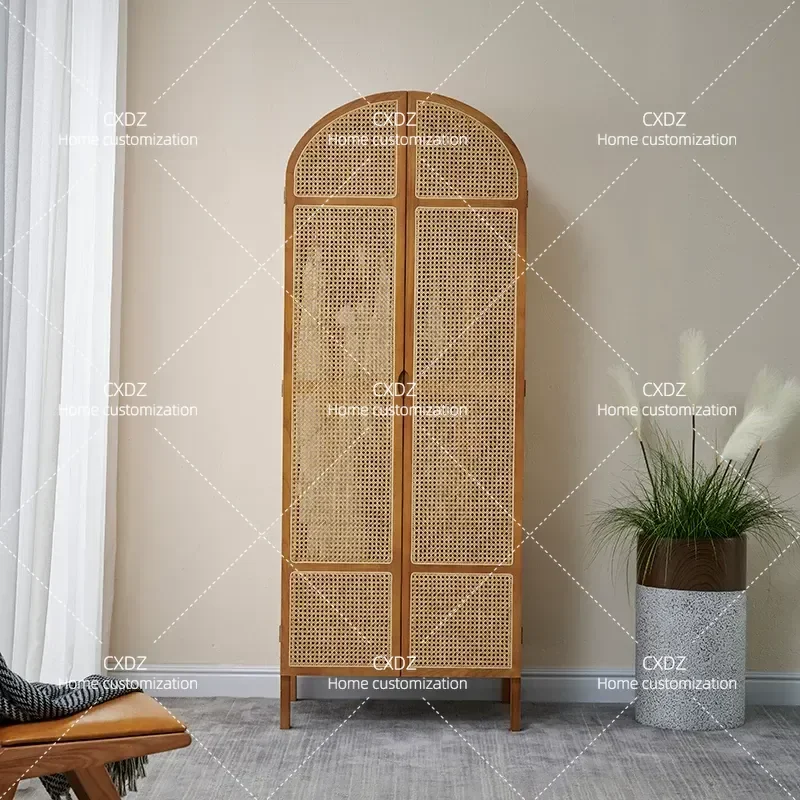 Solid Wood Rattan Wardrobe Nordic Modern Simple Ash Wood Storage Cabinet for Small Apartment Bedroom Furniture Induction Door
