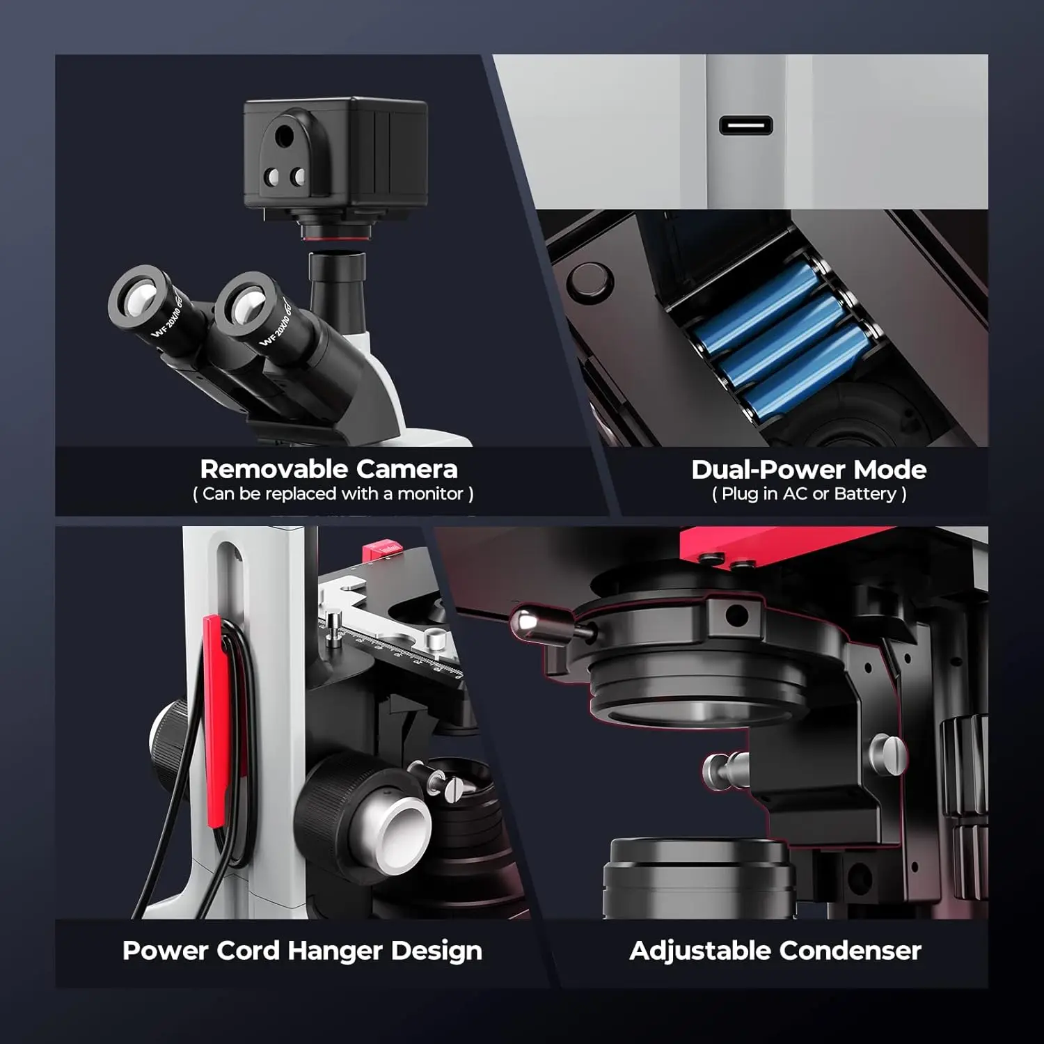 [듀얼 전원 공급] 실험실용 복합 5MP 카메라 삼안 현미경 40X-2500X 배율 및 무료 소프트웨어 캡처
