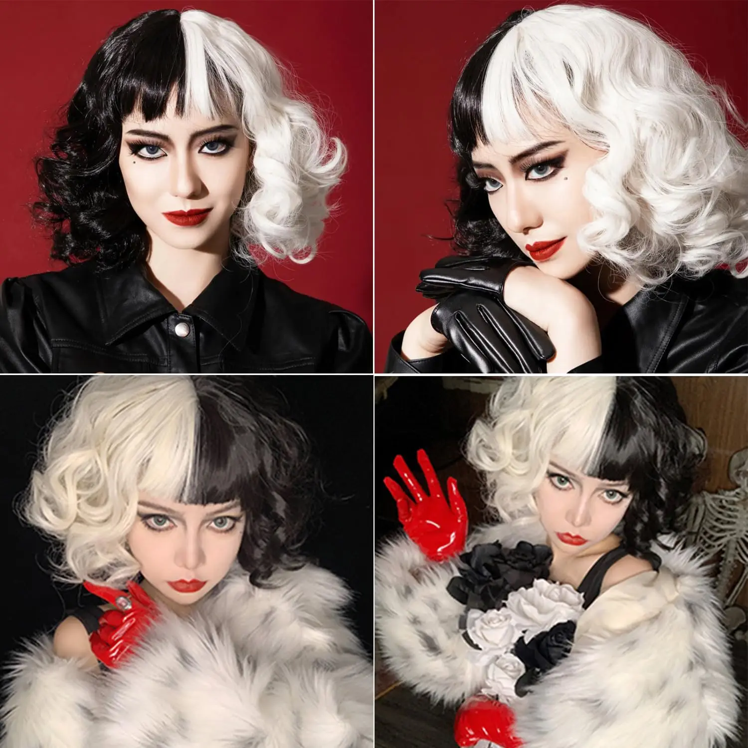 Synthetic Black and White Cruella Wig for Women Deville Costume Wig Short Wavy Wig Natural Cute Wigs for Party(Black and White)