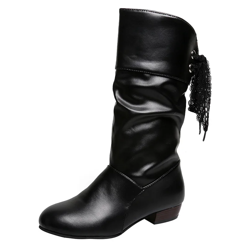 Autumn And Winter Women Boots New Low-heeled Mid-boots Back Lace European And American Square Heel Round Toe Women Shoes 35-43