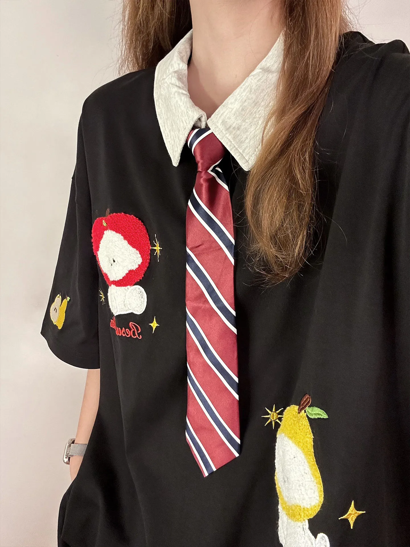 Summer Japanese Embroidered Polo Tie Short-sleeved T-shirt Women's 2025 New Loose College Style Balck Top Oversized T Shirt